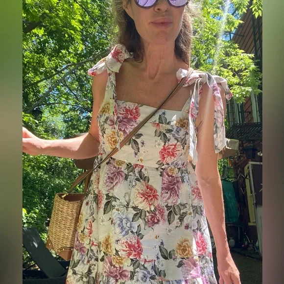 House of Harlow 1960 Dress Floral Linen Tier Bow Tie Shoulders Sz M - Picture 16 of 16